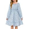 Haloumoning Girls Fall Long Sleeve Floral Dresses Kids Square Neck Smocked Holiday Party Dress 5-14 Years(Light Blue)