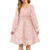 Haloumoning Girls Fall Long Sleeve Floral Dresses Kids Square Neck Smocked Holiday Party Dress 5-14 Years(Light Pink)