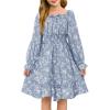 Haloumoning Girls Fall Long Sleeve Floral Dresses Kids Square Neck Smocked Holiday Party Dress 5-14 Years(Navy Blue)