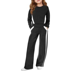 Haloumoning Girls 2 Piece Fall Outfits Color Block Sweatshirt and Elastic Wide Leg Sweatpants Clothing Sets 5-14 Years(Black)