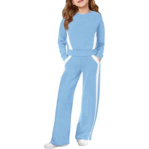 Haloumoning Girls 2 Piece Fall Outfits Color Block Sweatshirt and Elastic Wide Leg Sweatpants Clothing Sets 5-14 Years(Blue)