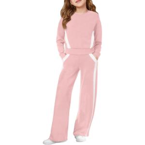 Haloumoning Girls 2 Piece Fall Outfits Color Block Sweatshirt and Elastic Wide Leg Sweatpants Clothing Sets 5-14 Years(Pink)