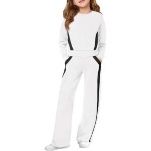 Haloumoning Girls 2 Piece Fall Outfits Color Block Sweatshirt and Elastic Wide Leg Sweatpants Clothing Sets 5-14 Years(White)