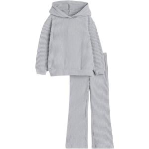 Haloumoning Girls 2 Pieces Outfits Ribbed Knit Hoodies Flare Pants Sweatshirts and Sweatpants Kids Tracksuits 4-14 Years(Gray)
