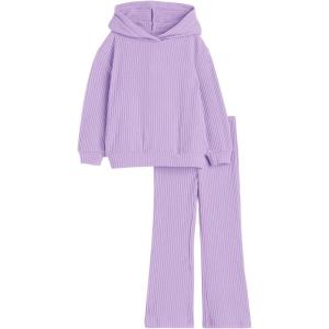 Haloumoning Girls 2 Pieces Outfits Ribbed Knit Hoodies Flare Pants Sweatshirts and Sweatpants Kids Tracksuits 4-14 Years(Purple)