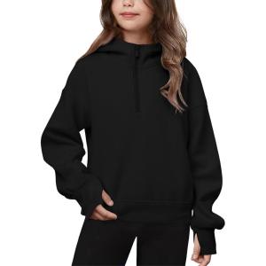 Haloumoning Girls Athletic Quarter Zip Fleece Hoodies Kids Side Slits Sweatshirts Thumb Hole Pullover Tops 5-14 Years(Black)
