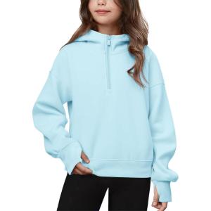 Haloumoning Girls Athletic Quarter Zip Fleece Hoodies Kids Side Slits Sweatshirts Thumb Hole Pullover Tops 5-14 Years(Blue)