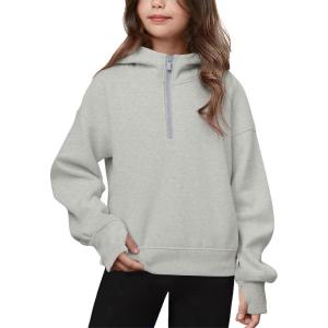 Haloumoning Girls Athletic Quarter Zip Fleece Hoodies Kids Side Slits Sweatshirts Thumb Hole Pullover Tops 5-14 Years(Gray)