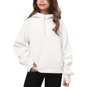 Haloumoning Girls Athletic Quarter Zip Fleece Hoodies Kids Side Slits Sweatshirts Thumb Hole Pullover Tops 5-14 Years(White)