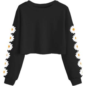 Haloumoning Girls Cute Daisy Pinted Cropped Sweatshirt Kids Long Sleeve Crop Tops Fall Fashion Shirts(Black)