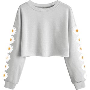 Haloumoning Girls Cute Daisy Pinted Cropped Sweatshirt Kids Long Sleeve Crop Tops Fall Fashion Shirts(Grey)