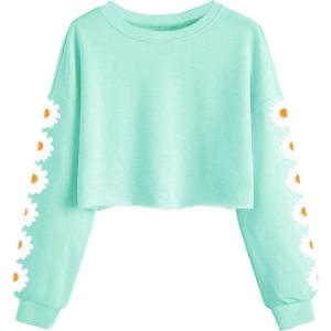 Haloumoning Girls Cute Daisy Pinted Cropped Sweatshirt Kids Long Sleeve Crop Tops Fall Fashion Shirts(Light Green)
