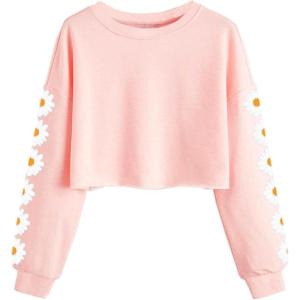 Haloumoning Girls Cute Daisy Pinted Cropped Sweatshirt Kids Long Sleeve Crop Tops Fall Fashion Shirts(Pink)