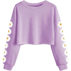 Haloumoning Girls Cute Daisy Pinted Cropped Sweatshirt Kids Long Sleeve Crop Tops Fall Fashion Shirts(Purple)