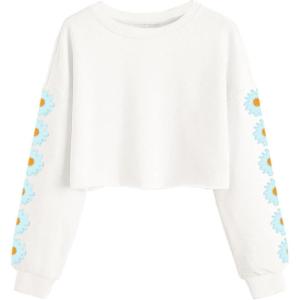 Haloumoning Girls Cute Daisy Pinted Cropped Sweatshirt Kids Long Sleeve Crop Tops Fall Fashion Shirts(White)