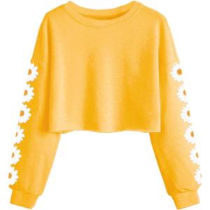 Haloumoning Girls Cute Daisy Pinted Cropped Sweatshirt Kids Long Sleeve Crop Tops Fall Fashion Shirts(Yellow)