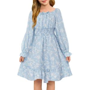 Haloumoning Girls Fall Long Sleeve Floral Dresses Kids Square Neck Smocked Holiday Party Dress 5-14 Years(Light Blue)