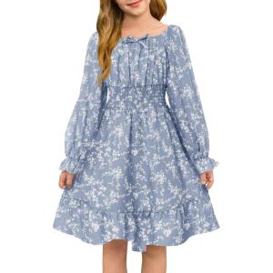 Haloumoning Girls Fall Long Sleeve Floral Dresses Kids Square Neck Smocked Holiday Party Dress 5-14 Years(Navy Blue)