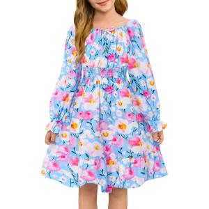 Haloumoning Girls Fall Long Sleeve Floral Dresses Kids Square Neck Smocked Holiday Party Dress 5-14 Years(Pink Blue)