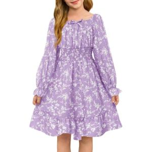 Haloumoning Girls Fall Long Sleeve Floral Dresses Kids Square Neck Smocked Holiday Party Dress 5-14 Years(Purple)