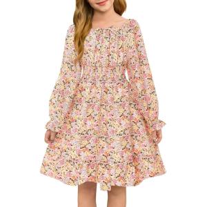 Haloumoning Girls Fall Long Sleeve Floral Dresses Kids Square Neck Smocked Holiday Party Dress 5-14 Years(Red Yellow)