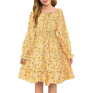Haloumoning Girls Fall Long Sleeve Floral Dresses Kids Square Neck Smocked Holiday Party Dress 5-14 Years(Yellow)