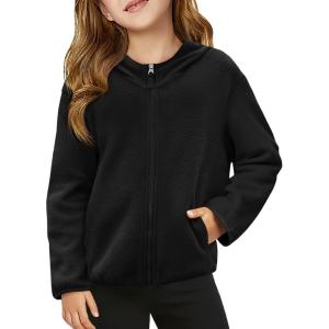Haloumoning Girls Fleece Jacket Kids Zip Up Hoodie Lightweight Fall Winter Jackets Outerwear with Pockets 5-14 Years(Black)