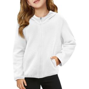 Haloumoning Girls Fleece Jacket Kids Zip Up Hoodie Lightweight Fall Winter Jackets Outerwear with Pockets 5-14 Years(White)