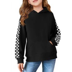 Haloumoning Girls Hoodies Kids Boys Fashion Plaid Long Sleeve Hooded Sweatshirt with Kangaroo Pocket 5-14 Years(Black)