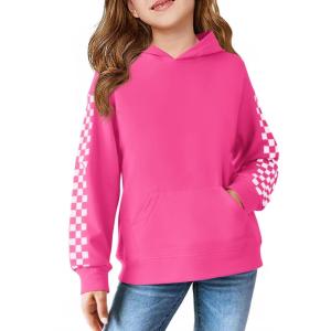 Haloumoning Girls Hoodies Kids Boys Fashion Plaid Long Sleeve Hooded Sweatshirt with Kangaroo Pocket 5-14 Years(Hot Pink)