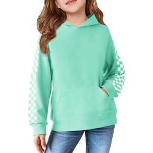 Haloumoning Girls Hoodies Kids Boys Fashion Plaid Long Sleeve Hooded Sweatshirt with Kangaroo Pocket 5-14 Years(Mint Green)