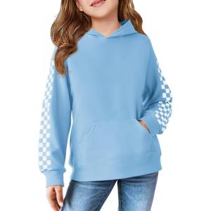 Haloumoning Girls Hoodies Kids Boys Fashion Plaid Long Sleeve Hooded Sweatshirt with Kangaroo Pocket 5-14 Years(Sky Blue)