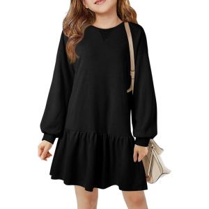 Haloumoning Girls Long Sleeve Dresses Sweatshirt Dress Kids Casual Crewneck Rib Knit Mini Dress 5-14 Years(Black)