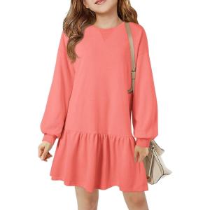 Haloumoning Girls Long Sleeve Dresses Sweatshirt Dress Kids Casual Crewneck Rib Knit Mini Dress 5-14 Years(Bright Pink)