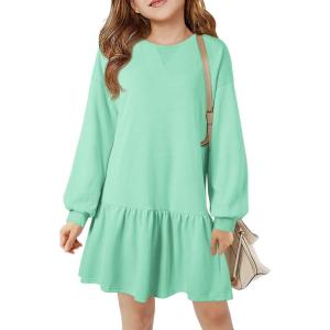 Haloumoning Girls Long Sleeve Dresses Sweatshirt Dress Kids Casual Crewneck Rib Knit Mini Dress 5-14 Years(Mint Green)