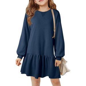 Haloumoning Girls Long Sleeve Dresses Sweatshirt Dress Kids Casual Crewneck Rib Knit Mini Dress 5-14 Years(Navy)