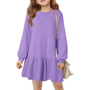 Haloumoning Girls Long Sleeve Dresses Sweatshirt Dress Kids Casual Crewneck Rib Knit Mini Dress 5-14 Years(Purple)