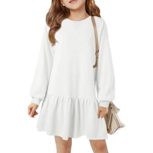 Haloumoning Girls Long Sleeve Dresses Sweatshirt Dress Kids Casual Crewneck Rib Knit Mini Dress 5-14 Years(White)