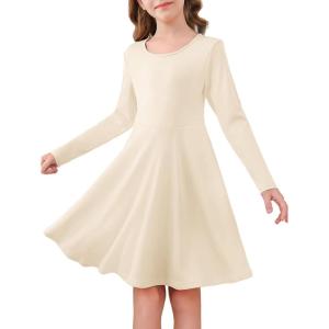 Haloumoning Girls Long Sleeve Skater Dress Kids Casual Crewneck A-Line Flowy Fall Dresses 5-14 Years(Beige)