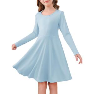 Haloumoning Girls Long Sleeve Skater Dress Kids Casual Crewneck A-Line Flowy Fall Dresses 5-14 Years(Blue)