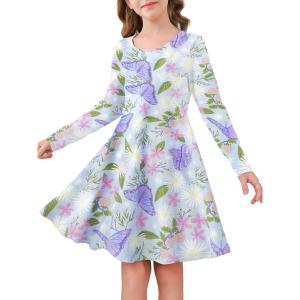 Haloumoning Girls Long Sleeve Skater Dress Kids Casual Crewneck A-Line Flowy Fall Dresses 5-14 Years(Floral-blue Purple)