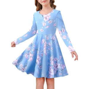 Haloumoning Girls Long Sleeve Skater Dress Kids Casual Crewneck A-Line Flowy Fall Dresses 5-14 Years(Floral-light Blue)