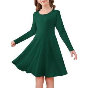 Haloumoning Girls Long Sleeve Skater Dress Kids Casual Crewneck A-Line Flowy Fall Dresses 5-14 Years(Green)