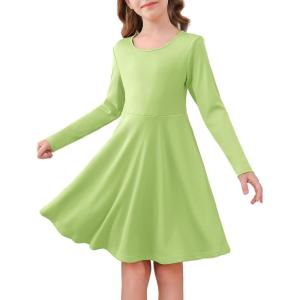 Haloumoning Girls Long Sleeve Skater Dress Kids Casual Crewneck A-Line Flowy Fall Dresses 5-14 Years(Light Green)