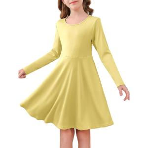 Haloumoning Girls Long Sleeve Skater Dress Kids Casual Crewneck A-Line Flowy Fall Dresses 5-14 Years(Light Yellow)