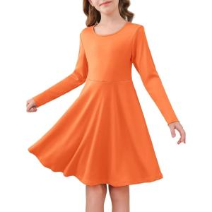 Haloumoning Girls Long Sleeve Skater Dress Kids Casual Crewneck A-Line Flowy Fall Dresses 5-14 Years(Orange)