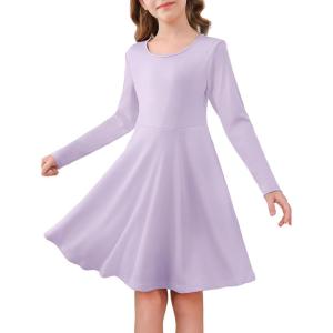 Haloumoning Girls Long Sleeve Skater Dress Kids Casual Crewneck A-Line Flowy Fall Dresses 5-14 Years(Purple)