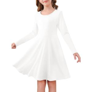 Haloumoning Girls Long Sleeve Skater Dress Kids Casual Crewneck A-Line Flowy Fall Dresses 5-14 Years(White)