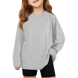 Haloumoning Girls Long Sleeve T-Shirts Kids Fall Oversized Tops Casual Crewneck Tees 5-14 Years(Grey)