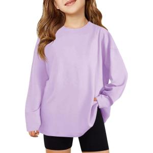 Haloumoning Girls Long Sleeve T-Shirts Kids Fall Oversized Tops Casual Crewneck Tees 5-14 Years(Light Purple)